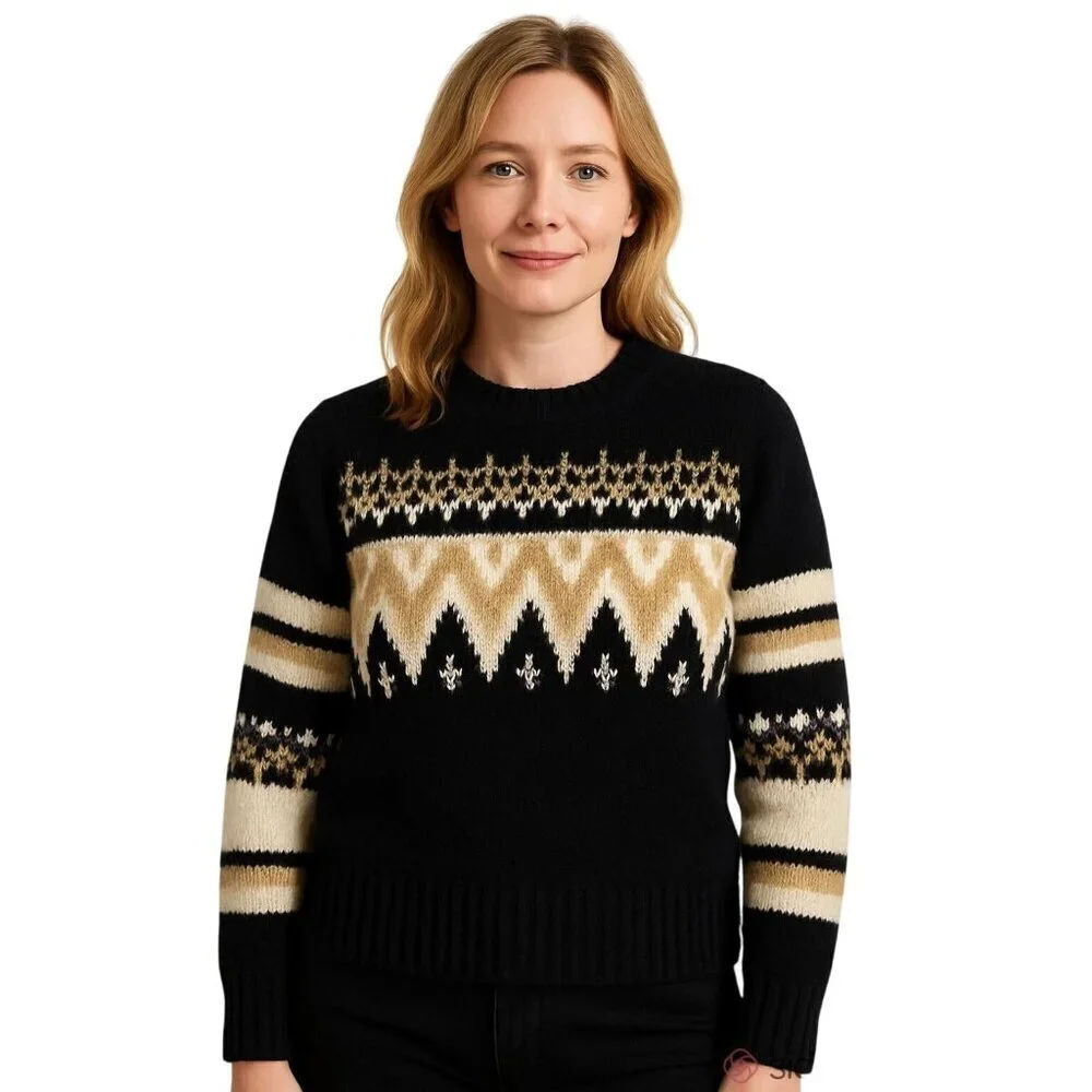 RD Style Women's Small Fair Isle Knit Wool Sweater Nordic Black Cream Geometric